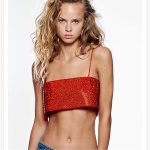 Zara Red Shimmery Crystal Crop Tank Top with Open Back size XS-S